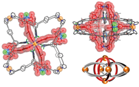 Highlight Publications 2018-07 X-ray structure and schematic representation of a metallosupramolecular aggregate with a cage-in-ring structural motif.