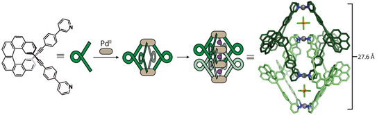 Highlight Publications 2019-03 Schematic representation of a chiral helicene-based bis-monodentate ligand that assembles upon palladium addition into an interpenetrated coordination cage.