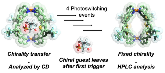 The figure shows structures of light-triggered cages upon influence of a chiral guest