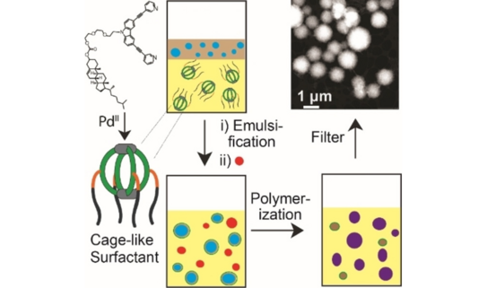 TOC figure showing the biphasic polycondensation with a cage-like surfactant