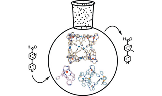 TOC picture showing a complex-to-complex transformation in a reaction flask