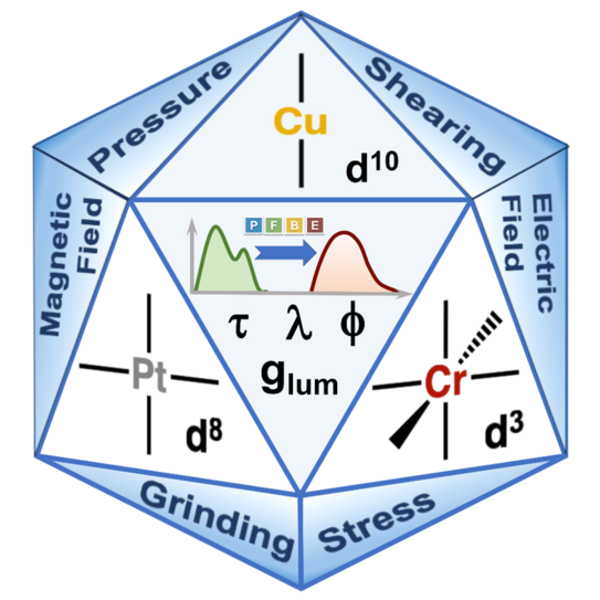 Logo der Forschungsgruppe 5781, STIL-COCOs (Stimulus-responsive lumineszente Koordinationsverbindungen) Zu sehen ist ein blaues Ikosaeder. Es handelt sich um ein Polyeder mit zwanzig Flächen, das als Repräsentation von Feststoffen in kristalliner Phase dient. In der Fläche im Zentrum des Ikosaeders ist ein grünes Lumineszenzspektrum dargestellt. Dieses Spektrum geht unter dem Einfluss eines externen Stimulus in ein rotes Spektrum über. Das bedeutet: Es verändert seine charakteristischen photophysikalischen Eigenschaften – zum Beispiel die Lebenszeit des emittierenden Zustands, die Quantenausbeute, die Emissionswellenlänge oder den sogenannten Dissymmetriefaktor g lum. Auf den äußersten Flächen befinden sich Schriftzüge, die verschiedene Stimuli benennen – nämlich Druck, Zugkräfte und Scherkräfte, Reibung sowie elektrische und magnetische Felder. Zwischen den Spektren und Schriftzügen sind drei vereinfachte Komplexstrukturen abgebildet: Kupfer, Platin und Chrom – jeweils inklusive der Anzahl an d Elektronen. Zu sehen sind: ein linearer Kupfer eins Komplex mit d zehn Konfiguration, ein tetraedrischer Platin zwei Komplex mit d acht Konfiguration und ein oktaedrischer Chrom drei Komplex mit d drei Konfiguration. Diese Strukturen repräsentieren prototypische Verbindungsklassen, die im Rahmen dieser Forschungsgruppe untersucht werden.